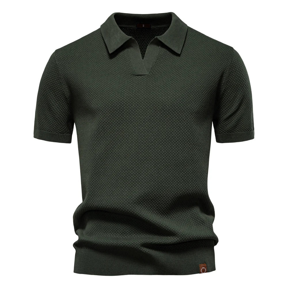 Men's Knit Textured Polo Shirt – Buttonless Open Collar Short Sleeve Golf