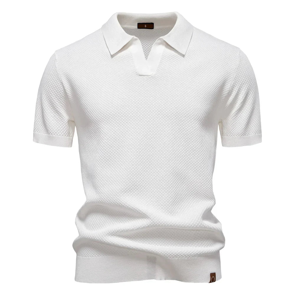 Men's Knit Textured Polo Shirt – Buttonless Open Collar Short Sleeve Golf