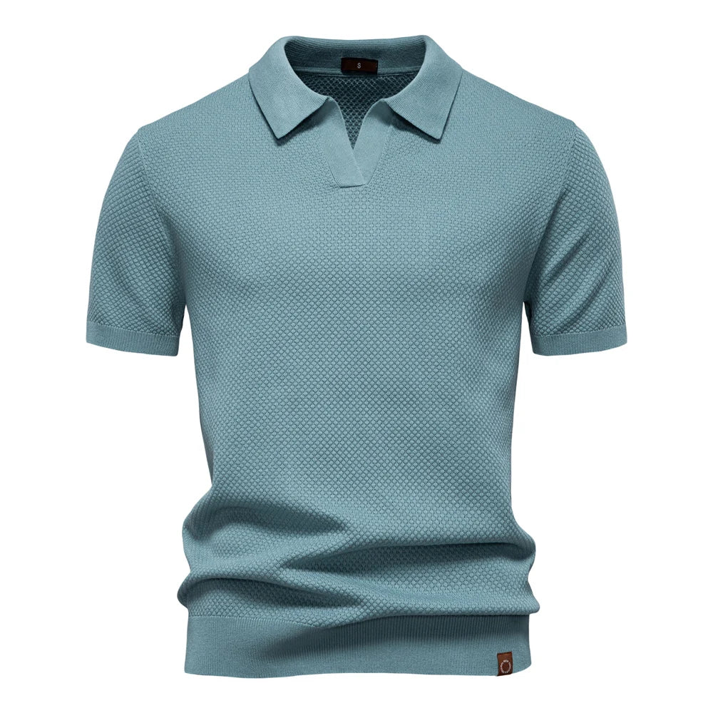 Men's Knit Textured Polo Shirt – Buttonless Open Collar Short Sleeve Golf