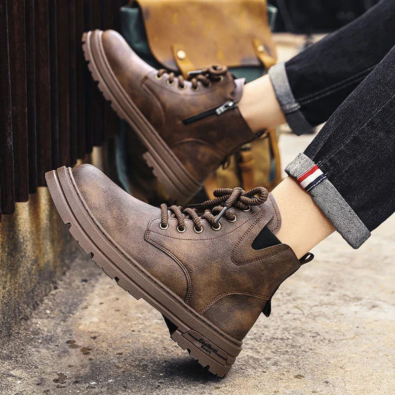 Men's Lace Up Side Zip Ankle Boots – Round Toe Lug Sole Casual