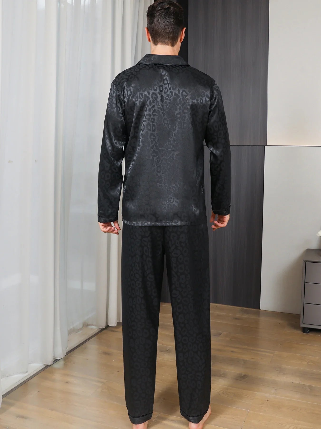 Men's Leopard Jacquard Pajama Set – Notch Collar Button Front Nightwear