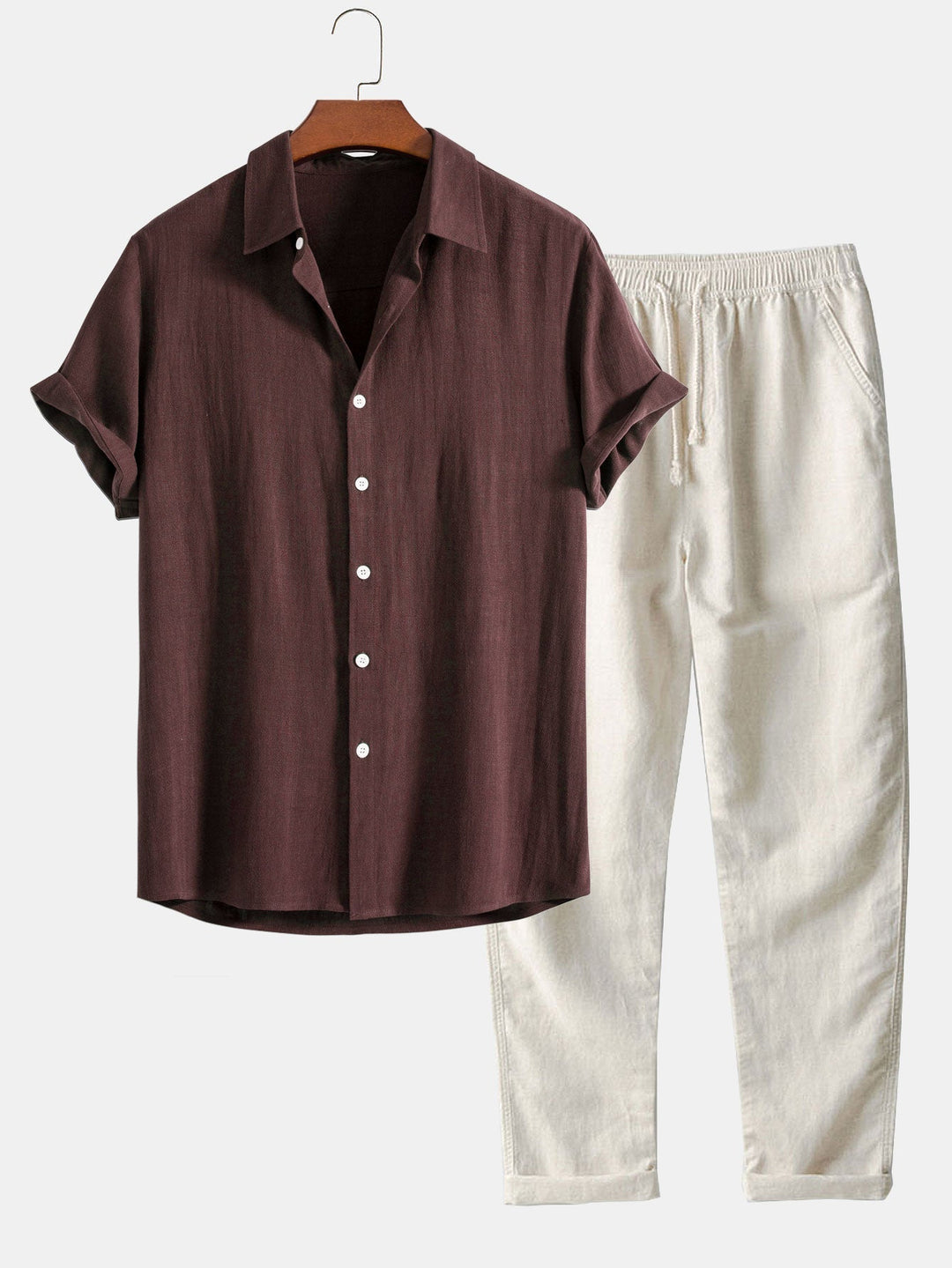 Men's Linen Two Piece Set – Short Sleeve Shirt Drawstring Trousers Summer Casual