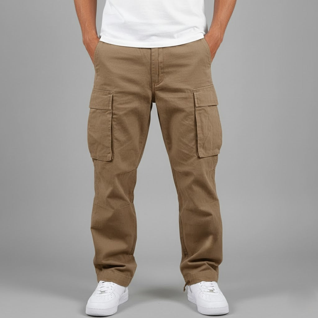 Men's Multi-Pocket Straight Fit Cargo Pants – Flap Thigh Pocket Casual Outdoor