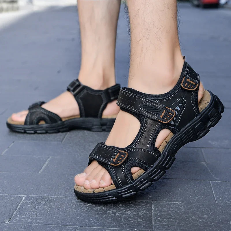 Men's Open Toe Multi Strap Flat Sandals – Hook Loop Buckle Outdoor Walking