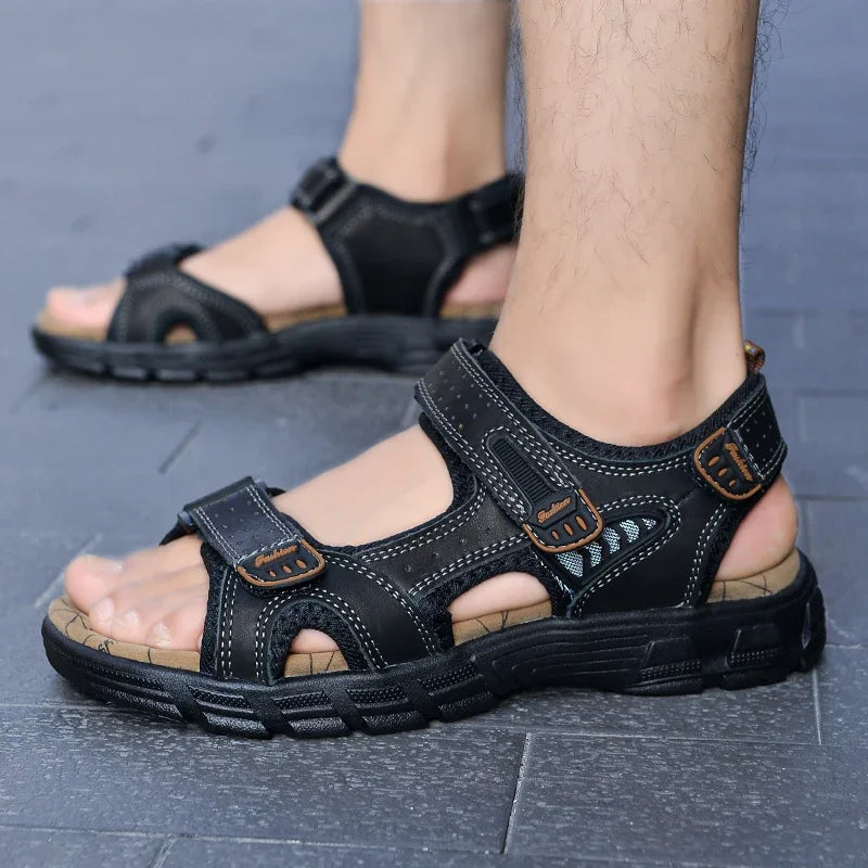 Men's Open Toe Multi Strap Flat Sandals – Hook Loop Buckle Outdoor Walking