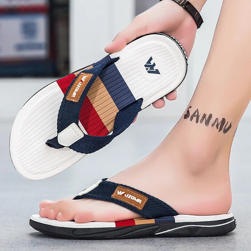 Men's Open Toe Striped Flip Flops – Textured Strap Thong Beach Summer Sandals