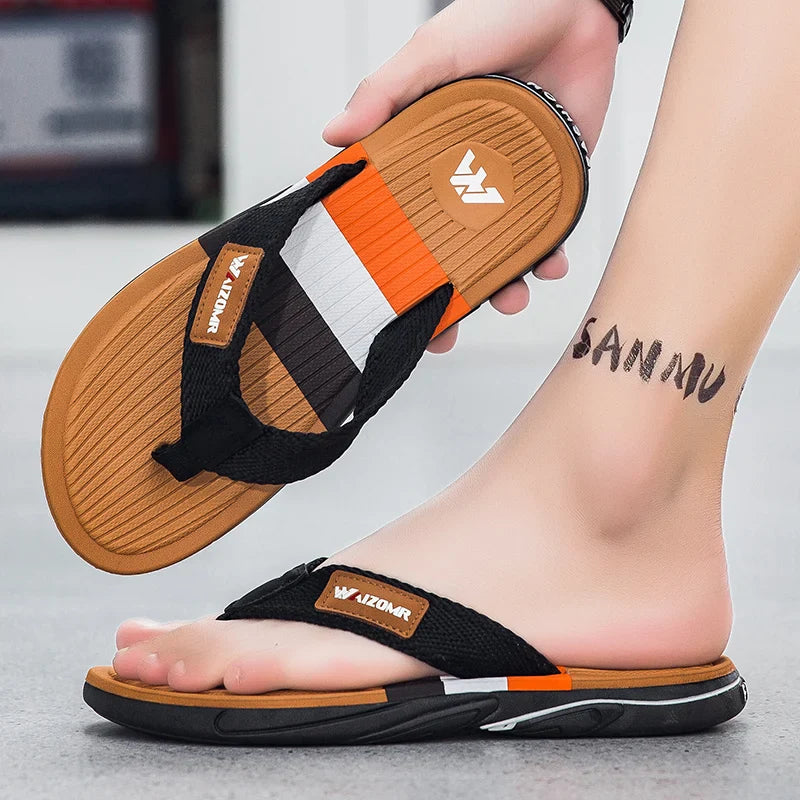 Men's Open Toe Striped Flip Flops – Textured Strap Thong Beach Summer Sandals