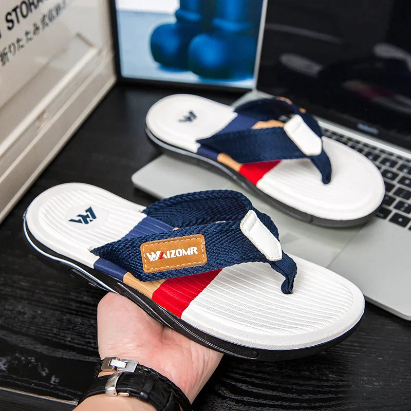 Men's Open Toe Striped Flip Flops – Textured Strap Thong Beach Summer Sandals