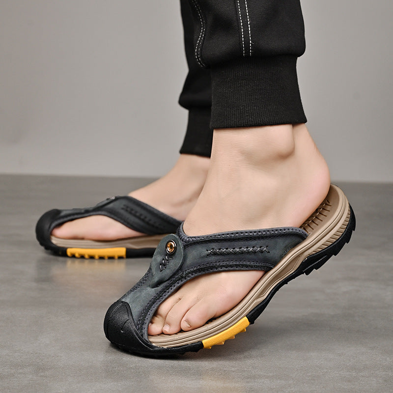 Men's Open Toe Y-Strap Flip Flops – Stitch Detail Chunky Sole Outdoor Casual