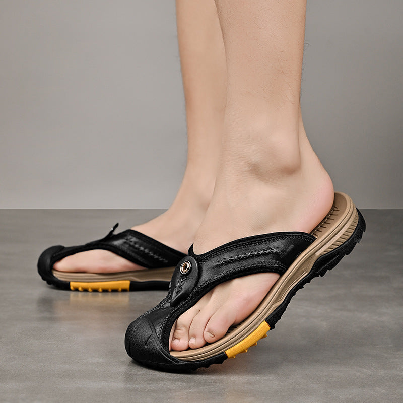 Men's Open Toe Y-Strap Flip Flops – Stitch Detail Chunky Sole Outdoor Casual