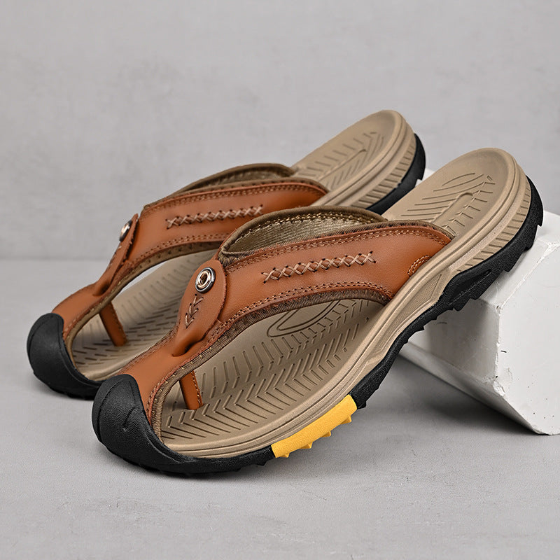Men's Open Toe Y-Strap Flip Flops – Stitch Detail Chunky Sole Outdoor Casual