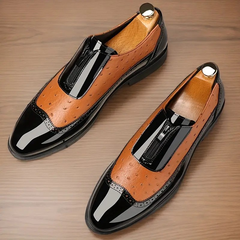 Men's Ostrich Print Oxford Shoes – Front Zip Wingtip Brogue Two Tone Dress Shoes