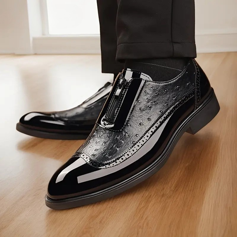 Men's Ostrich Print Oxford Shoes – Front Zip Wingtip Brogue Two Tone Dress Shoes