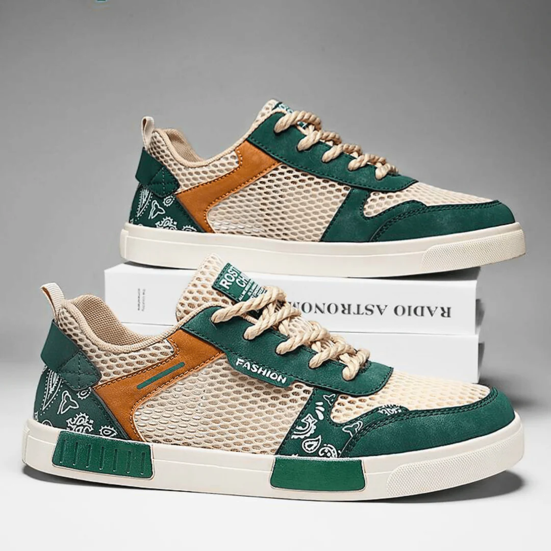 Men's Paisley Print Low Top Sneakers – Mesh Panel Lace Up Casual Skate Shoes