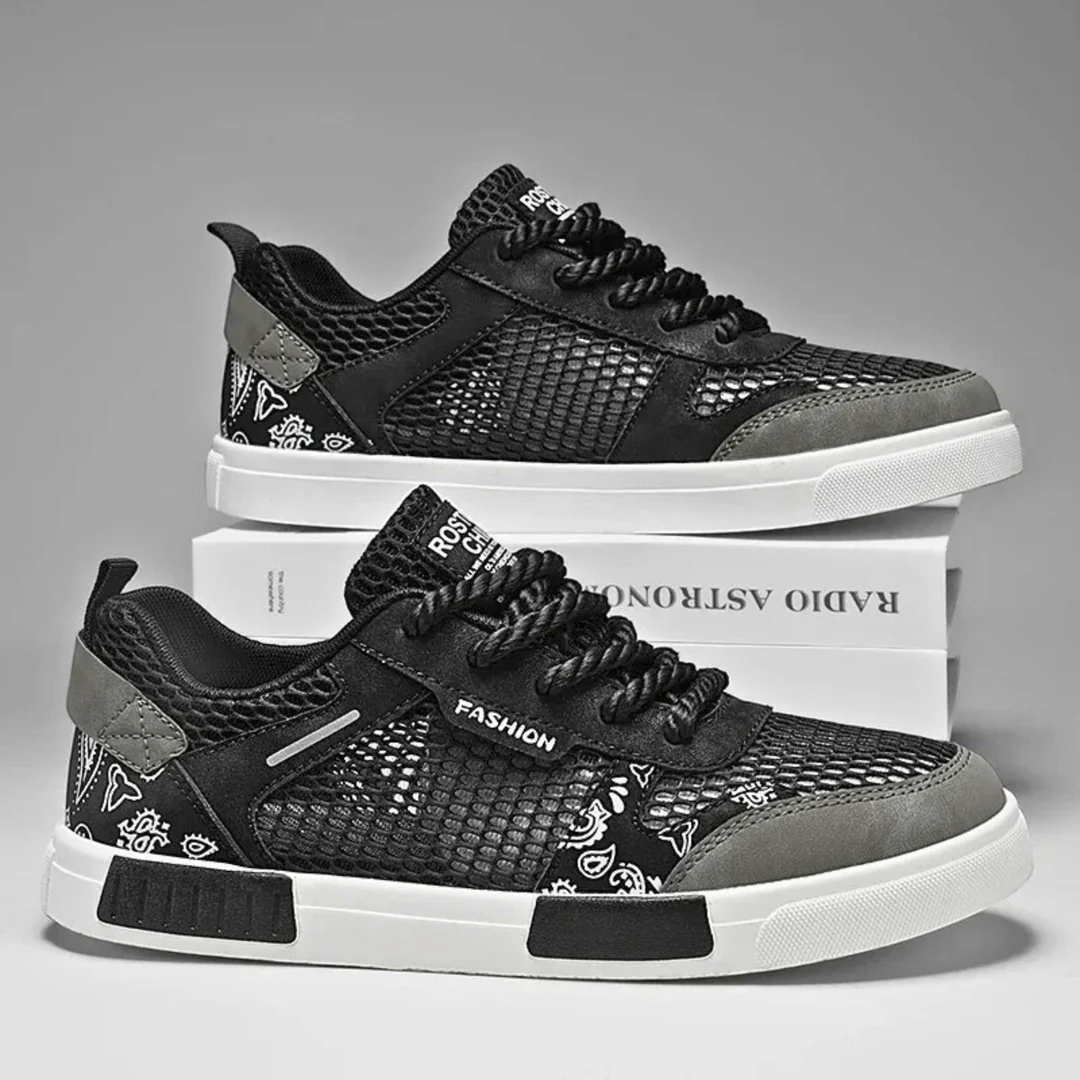 Men's Paisley Print Low Top Sneakers – Mesh Panel Lace Up Casual Skate Shoes