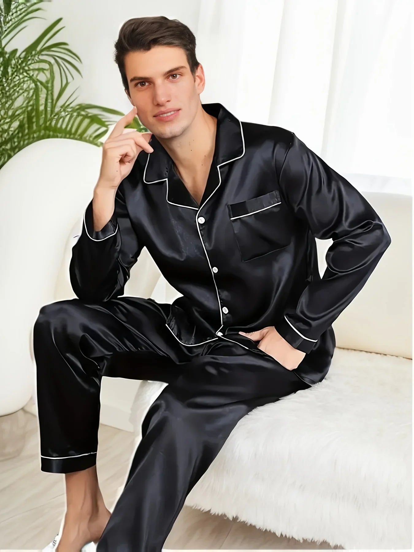 Men's Pajama Set – Notch Collar Button Front Contrast Piping Nightwear