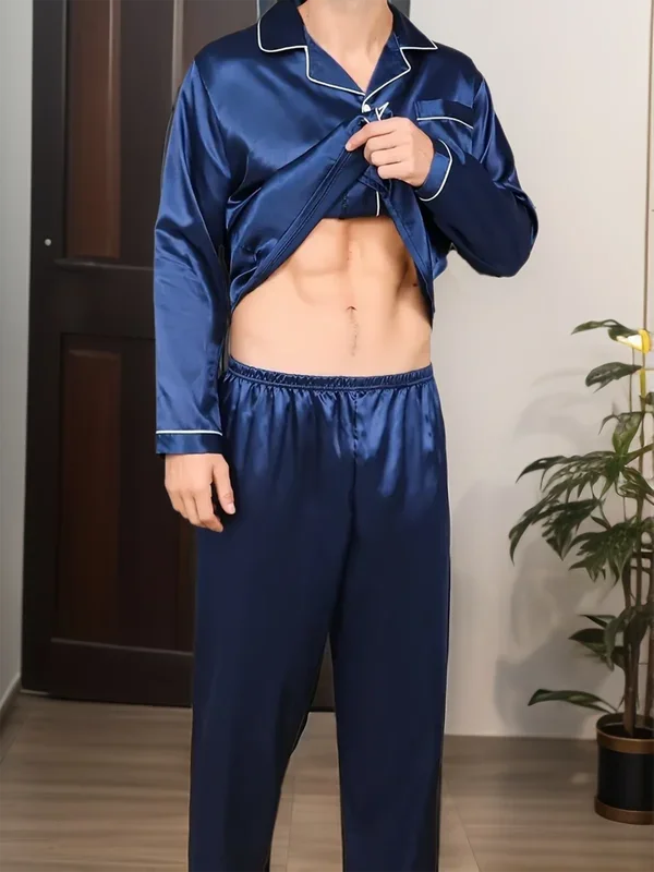 Men's Pajama Set – Notch Collar Button Front Contrast Piping Nightwear