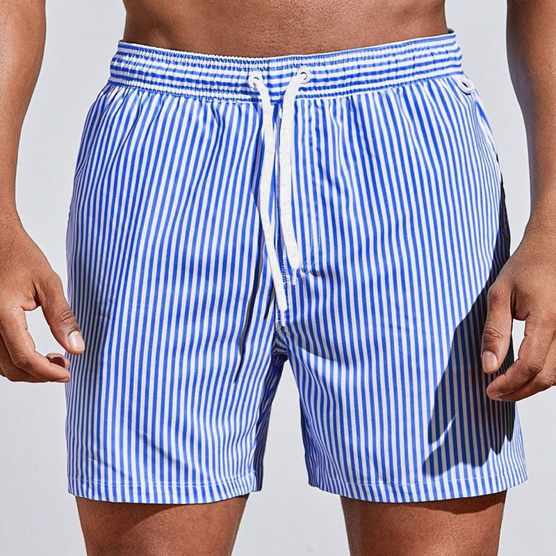 Men's Pinstripe Swimming Trunks – Drawstring Waist Side Pocket Summer Beach