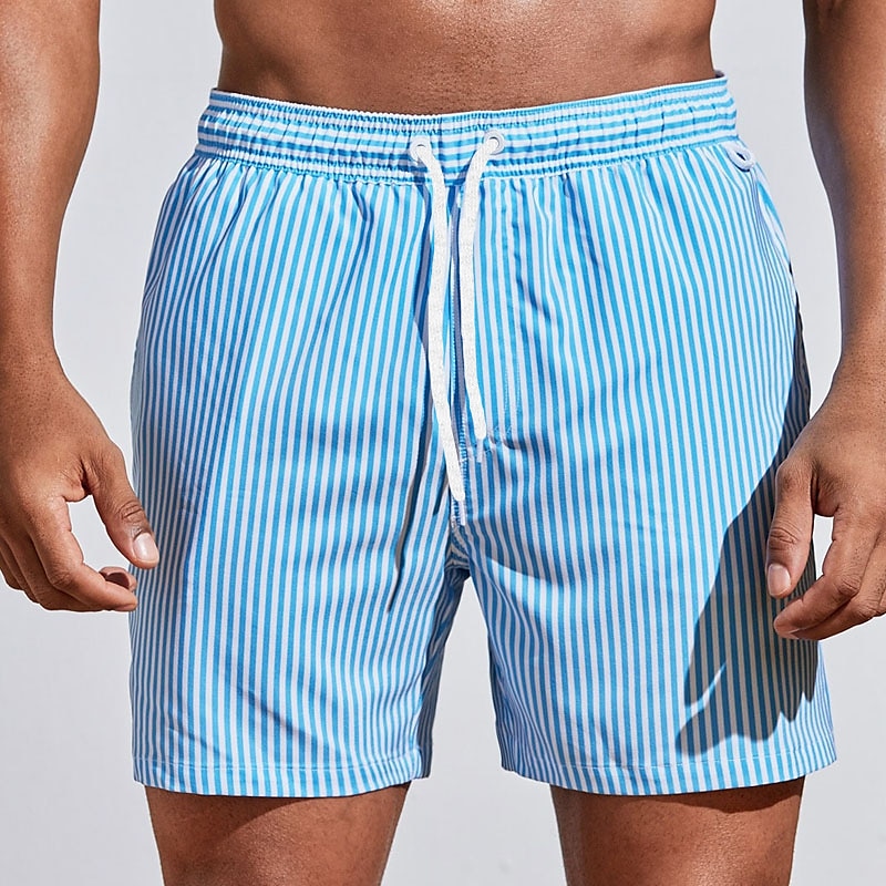 Men's Pinstripe Swimming Trunks – Drawstring Waist Side Pocket Summer Beach