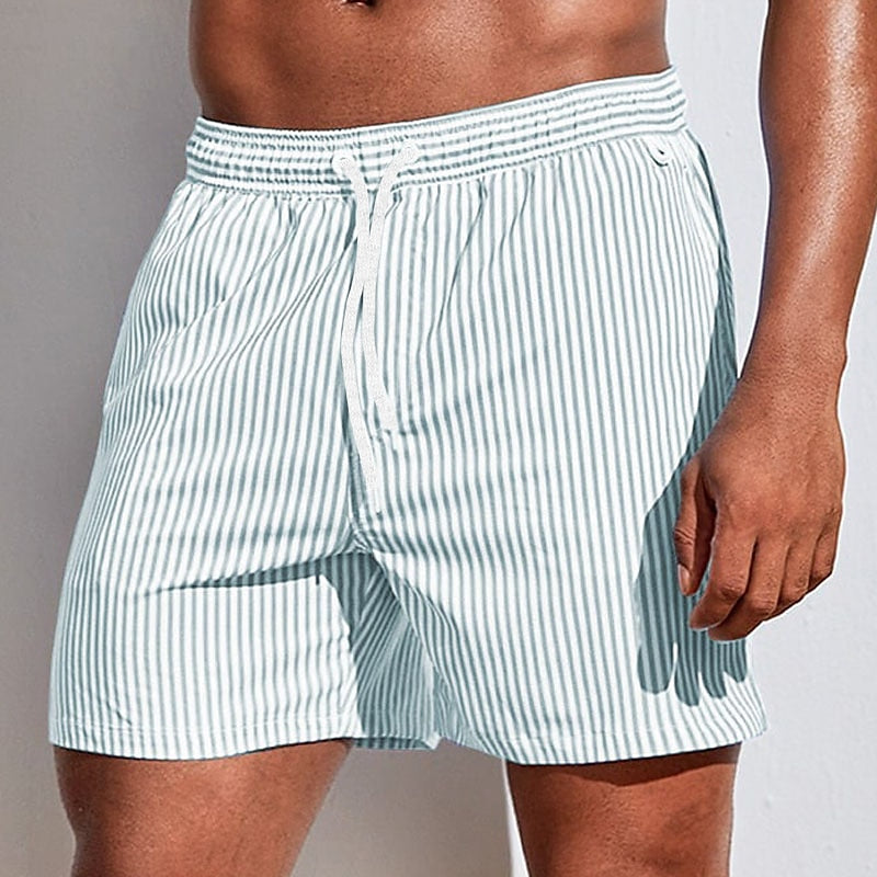 Men's Pinstripe Swimming Trunks – Drawstring Waist Side Pocket Summer Beach