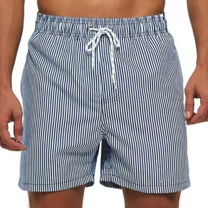 Men's Pinstripe Swimming Trunks – Drawstring Waist Side Pocket Summer Beach
