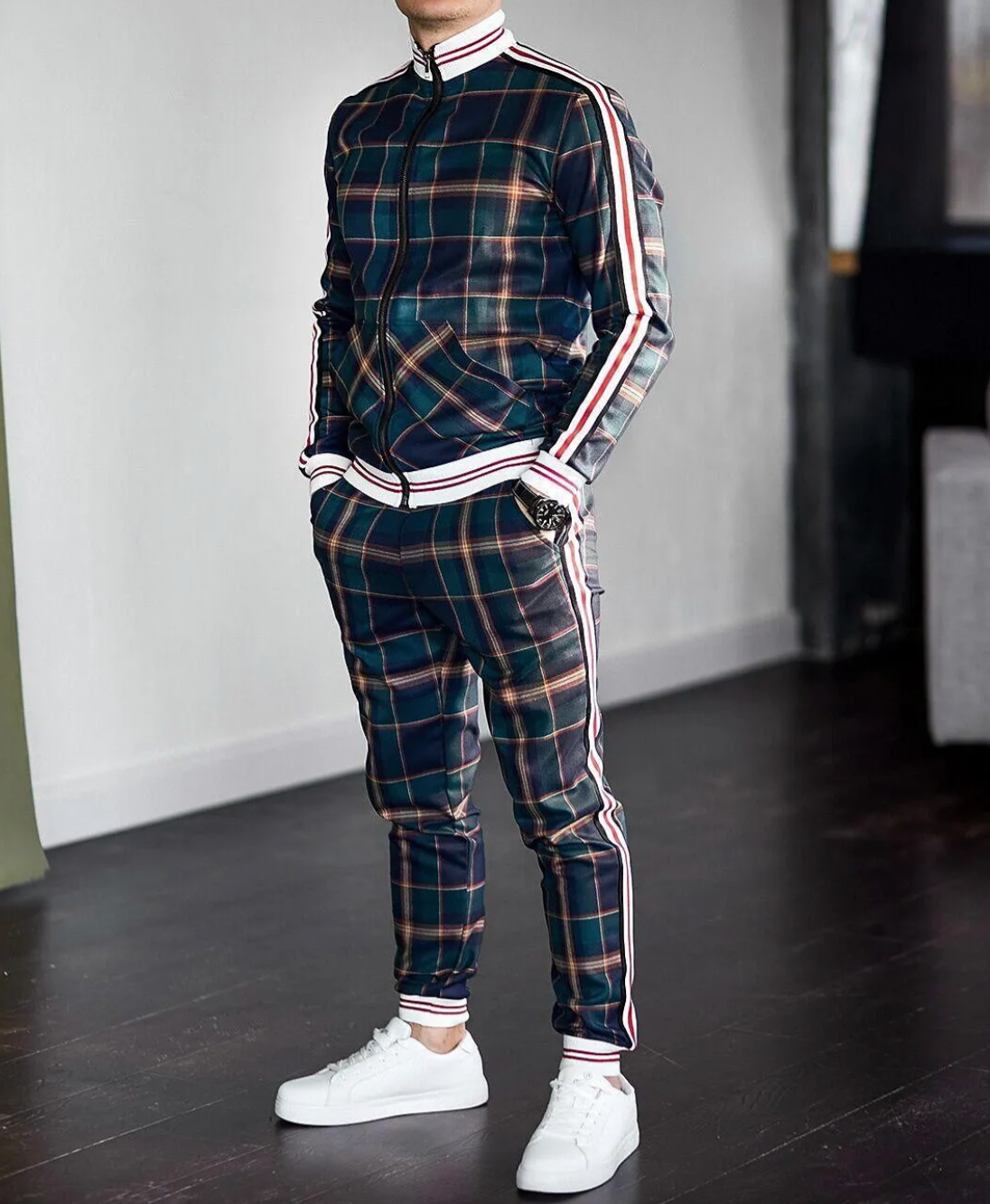 Men's Plaid 2-Piece Tracksuit – Stand Collar Zip Up Side Stripe Jogger Set