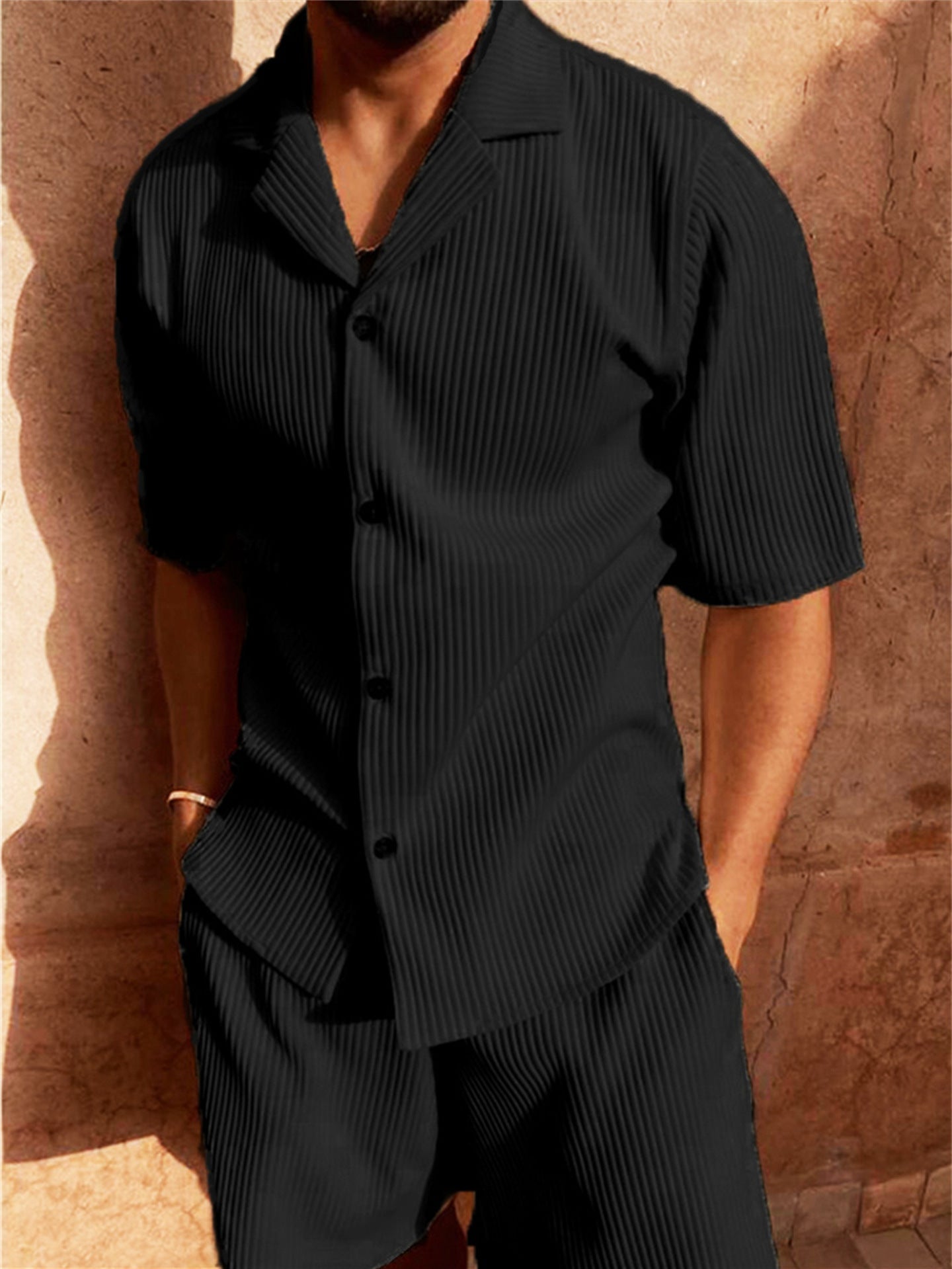 Men's Pleated Texture 2 Piece Set – Button Front Shirt Shorts Casual Summer