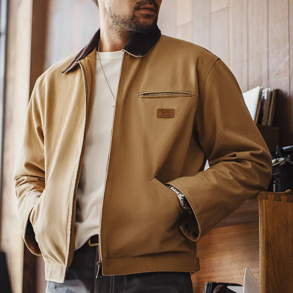 Men's Retro Canvas Jacket – Plaid Lined Corduroy Collar Zip Front Workwear