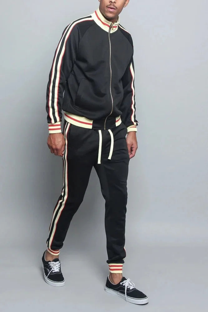 Men's Retro Stripe 2-Piece Tracksuit – Bomber Collar Zip Up Jogger Set