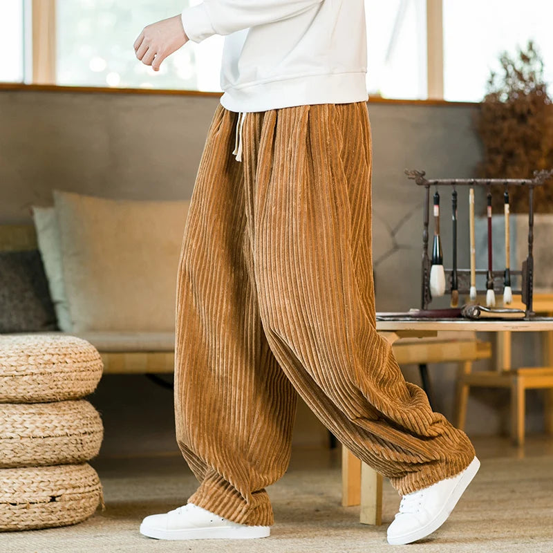 Men's Ribbed Corduroy Lounge Pants – Drawstring Wide Leg Casual Winter