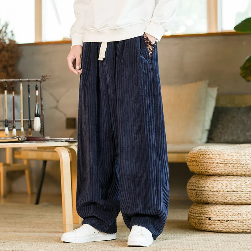 Men's Ribbed Corduroy Lounge Pants – Drawstring Wide Leg Casual Winter