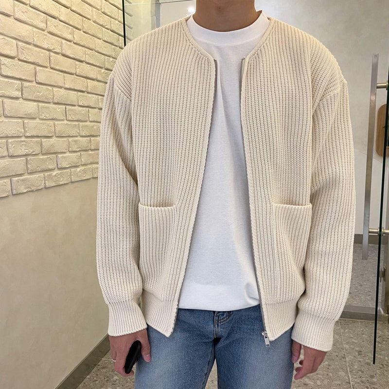 Men's Ribbed Full Zip Knit Cardigan – Collarless Long Sleeve Casual Everyday Wear