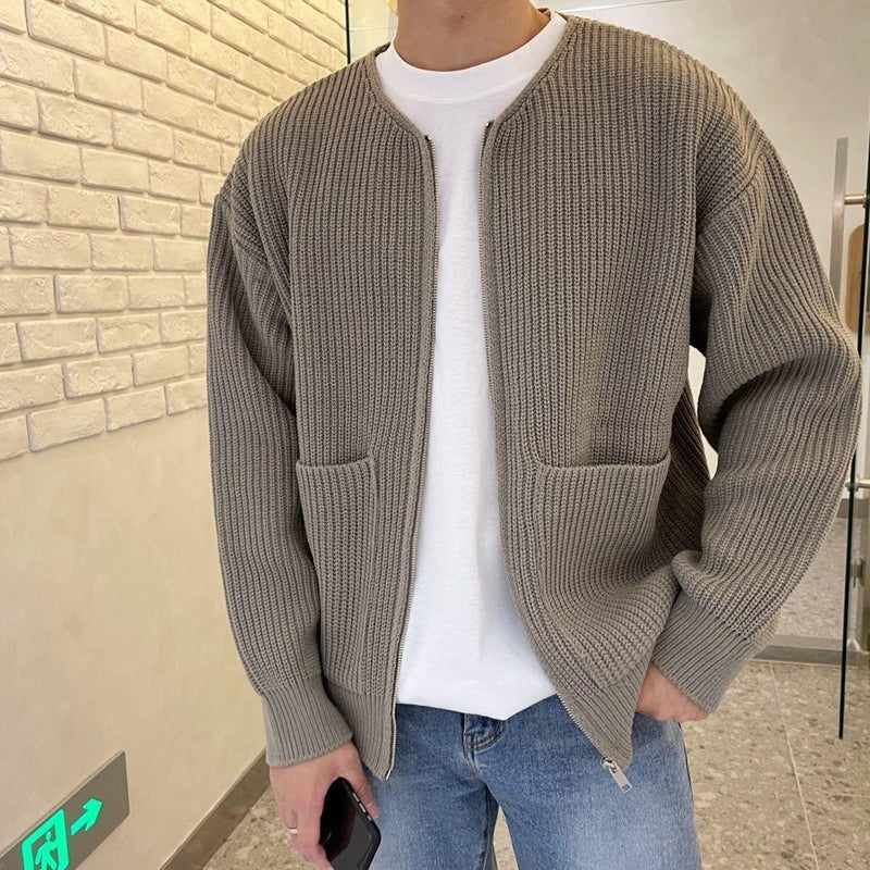 Men's Ribbed Full Zip Knit Cardigan – Collarless Long Sleeve Casual Everyday Wear