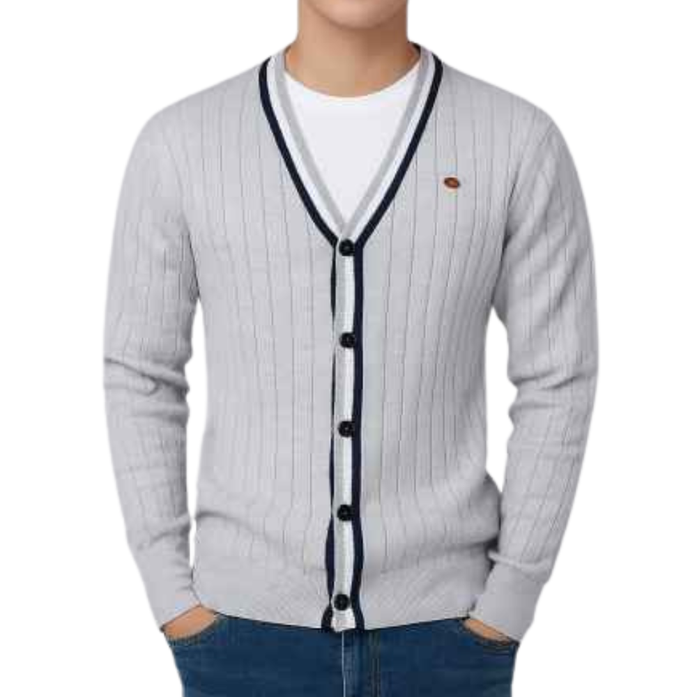 Men's Ribbed V Neck Button Cardigan – Contrast Trim Long Sleeve Casual Wear