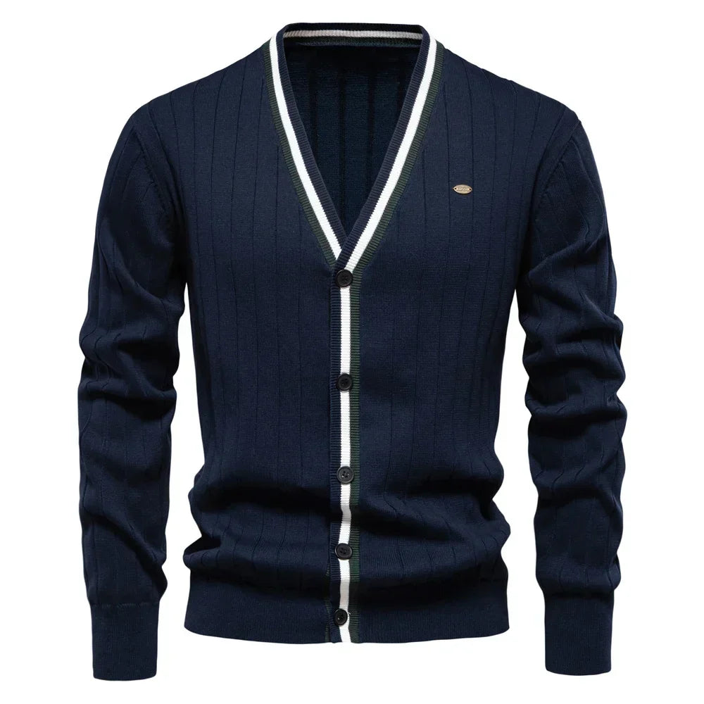 Men's Ribbed V Neck Button Cardigan – Contrast Trim Long Sleeve Casual Wear