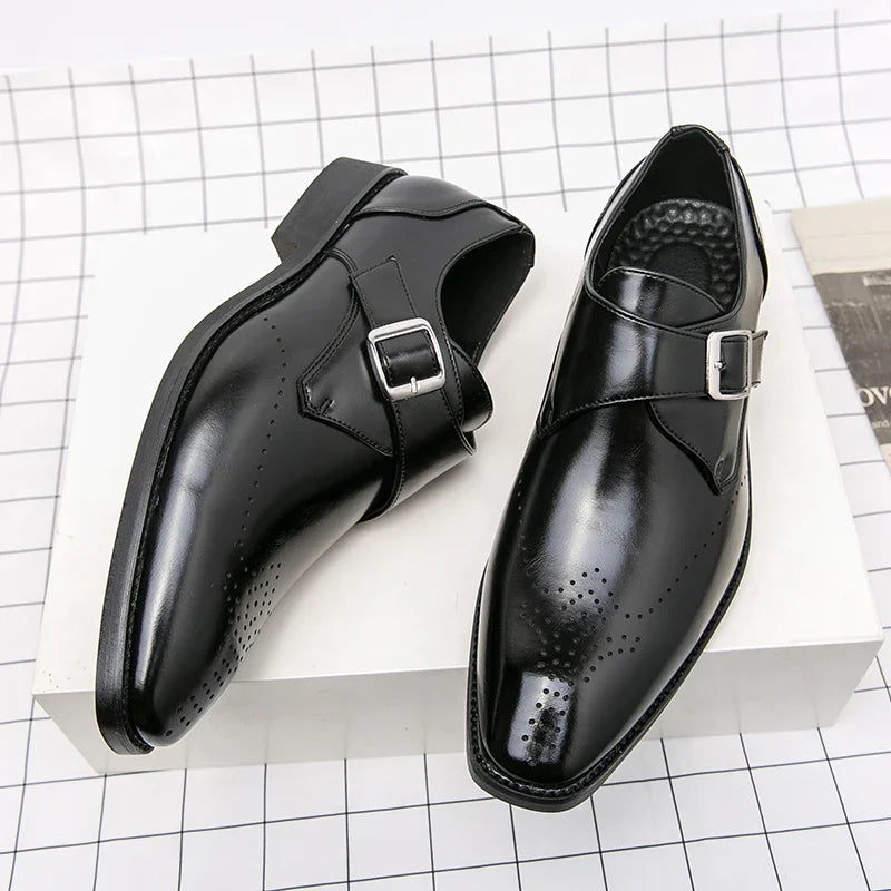 Men's Single Monk Strap Dress Shoes – Perforated Toe Cap Block Heel Formal