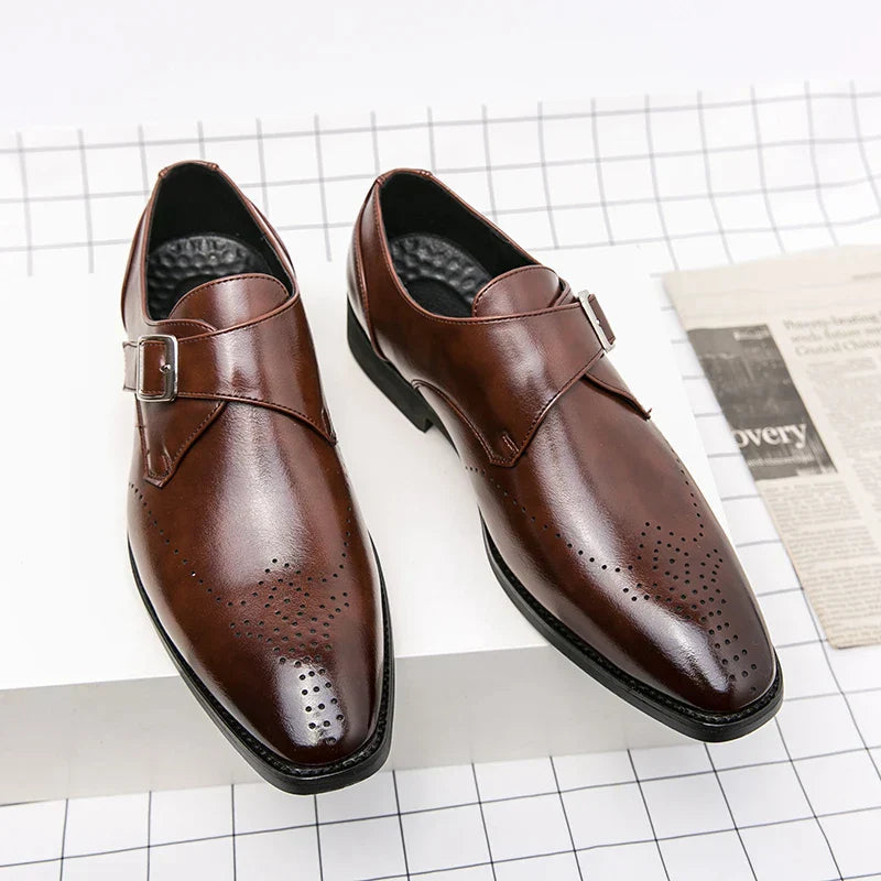 Men's Single Monk Strap Dress Shoes – Perforated Toe Cap Block Heel Formal