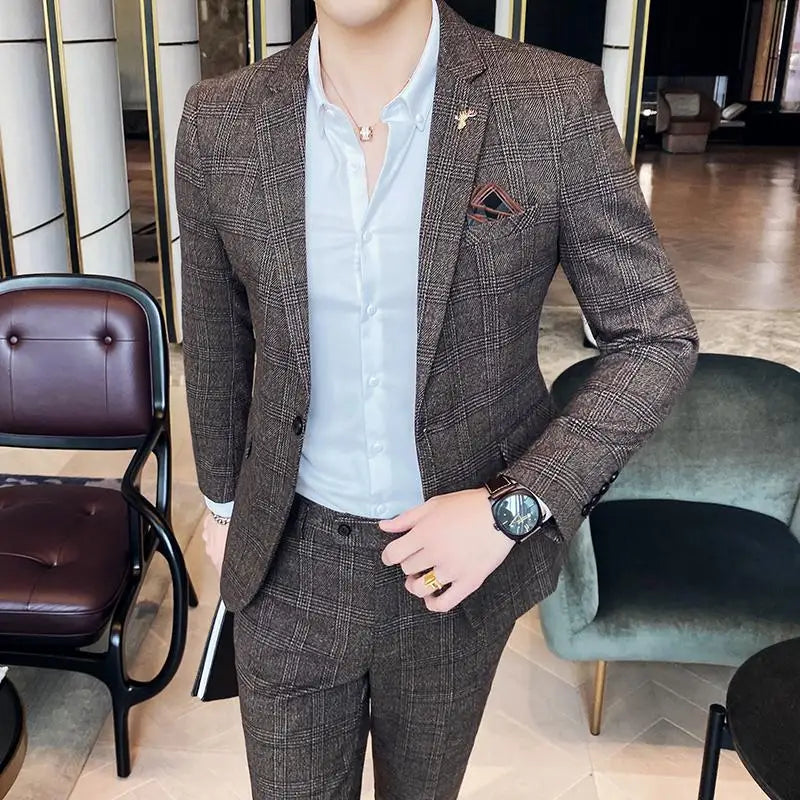 Men's Slim Fit Check Suit – Notch Lapel Single Breasted Two Piece Wedding