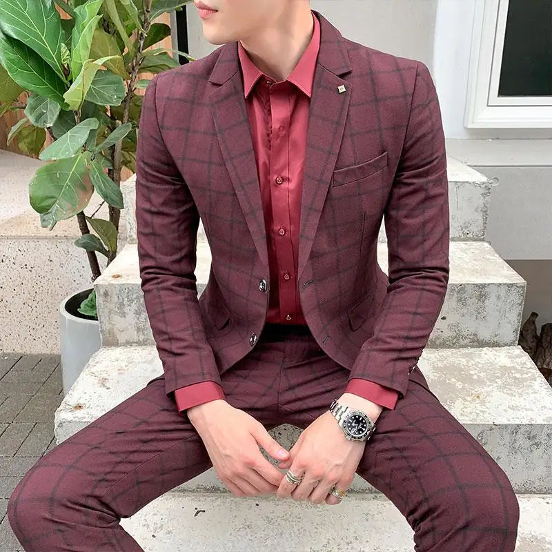 Men's Slim Fit Check Suit – Notch Lapel Single Breasted Two Piece Wedding