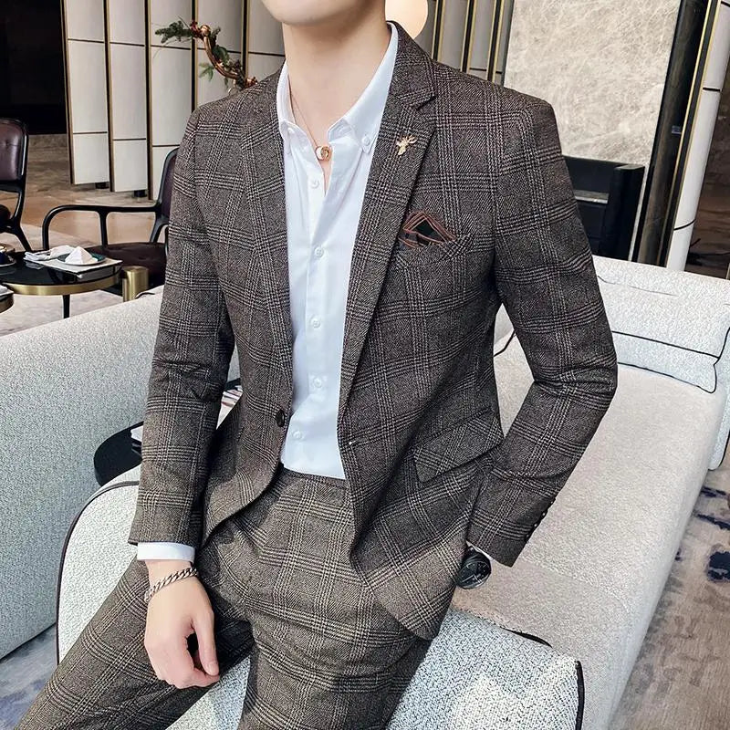 Men's Slim Fit Check Suit – Notch Lapel Single Breasted Two Piece Wedding