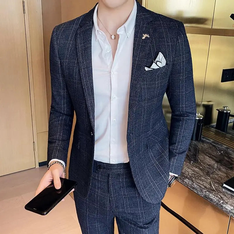 Men's Slim Fit Check Suit – Notch Lapel Single Breasted Two Piece Wedding