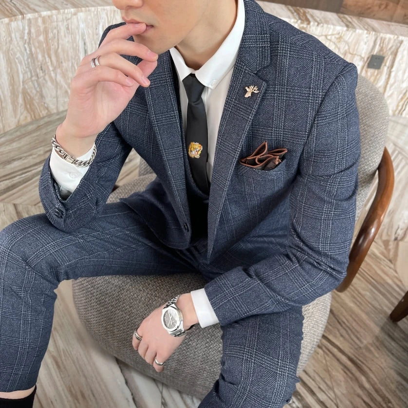 Men's Slim Fit Check Three Piece Suit – Notch Lapel Blazer Waistcoat Wedding