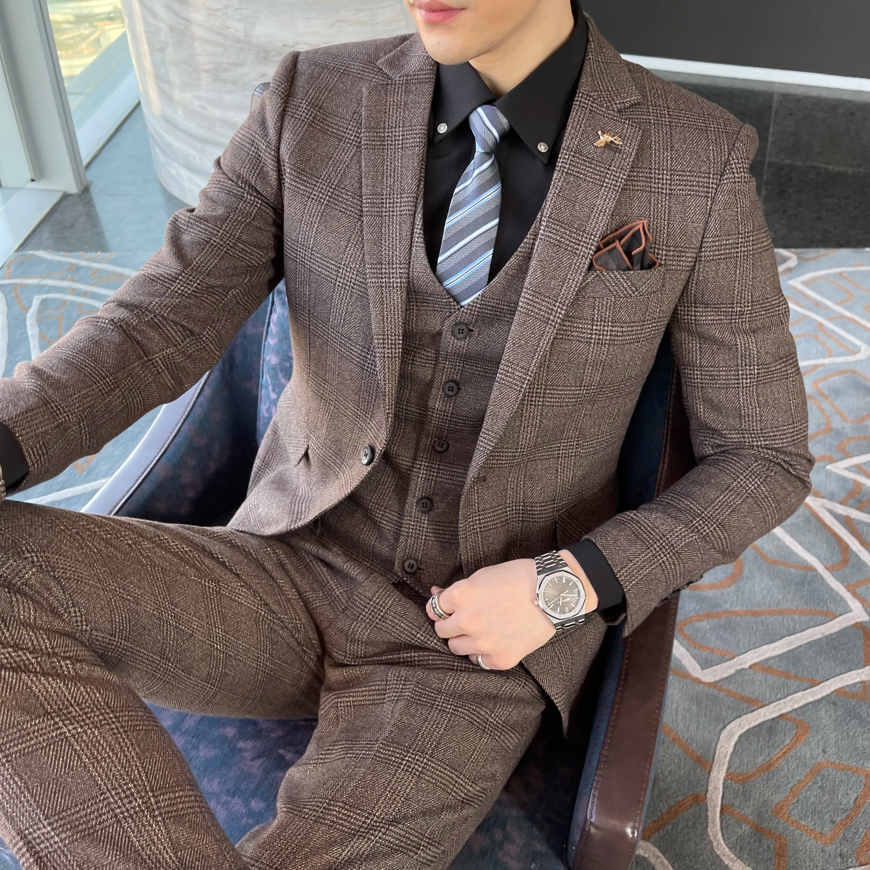 Men's Slim Fit Check Three Piece Suit – Notch Lapel Blazer Waistcoat Wedding