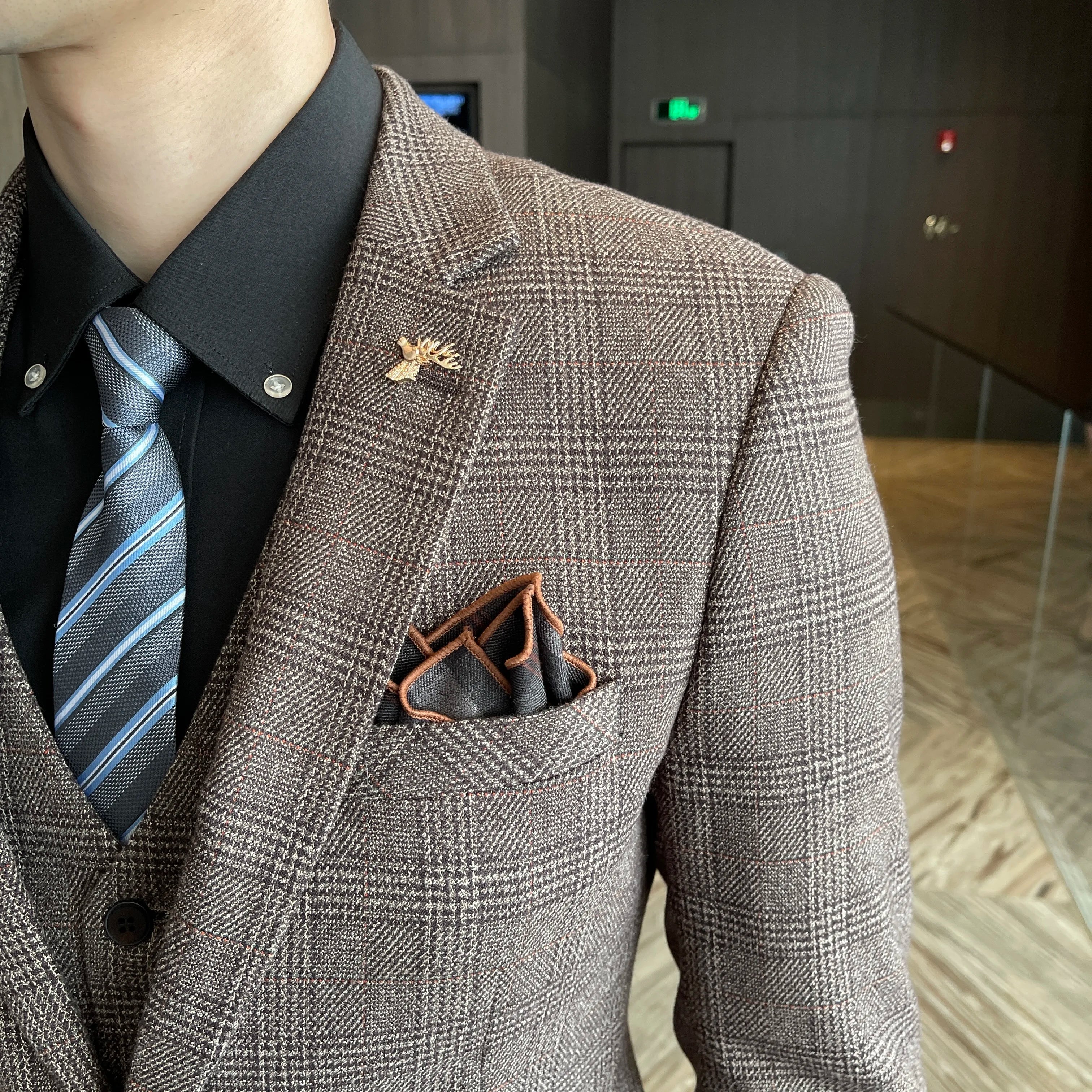 Men's Slim Fit Check Three Piece Suit – Notch Lapel Blazer Waistcoat Wedding