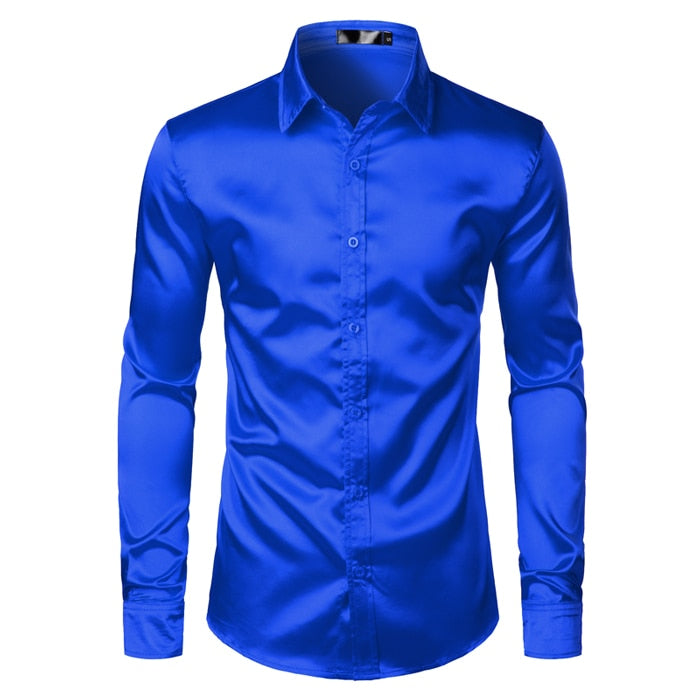 Men's Slim Fit Satin Shirt – Spread Collar Long Sleeve Formal Dress