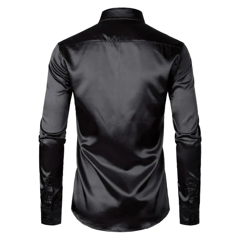 Men's Slim Fit Satin Shirt – Spread Collar Long Sleeve Formal Dress