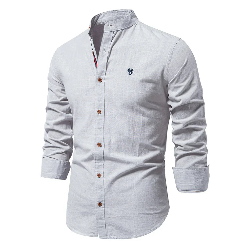 Men's Slim Fit Solid Shirt – Mandarin Collar Long Sleeve Smart Casual