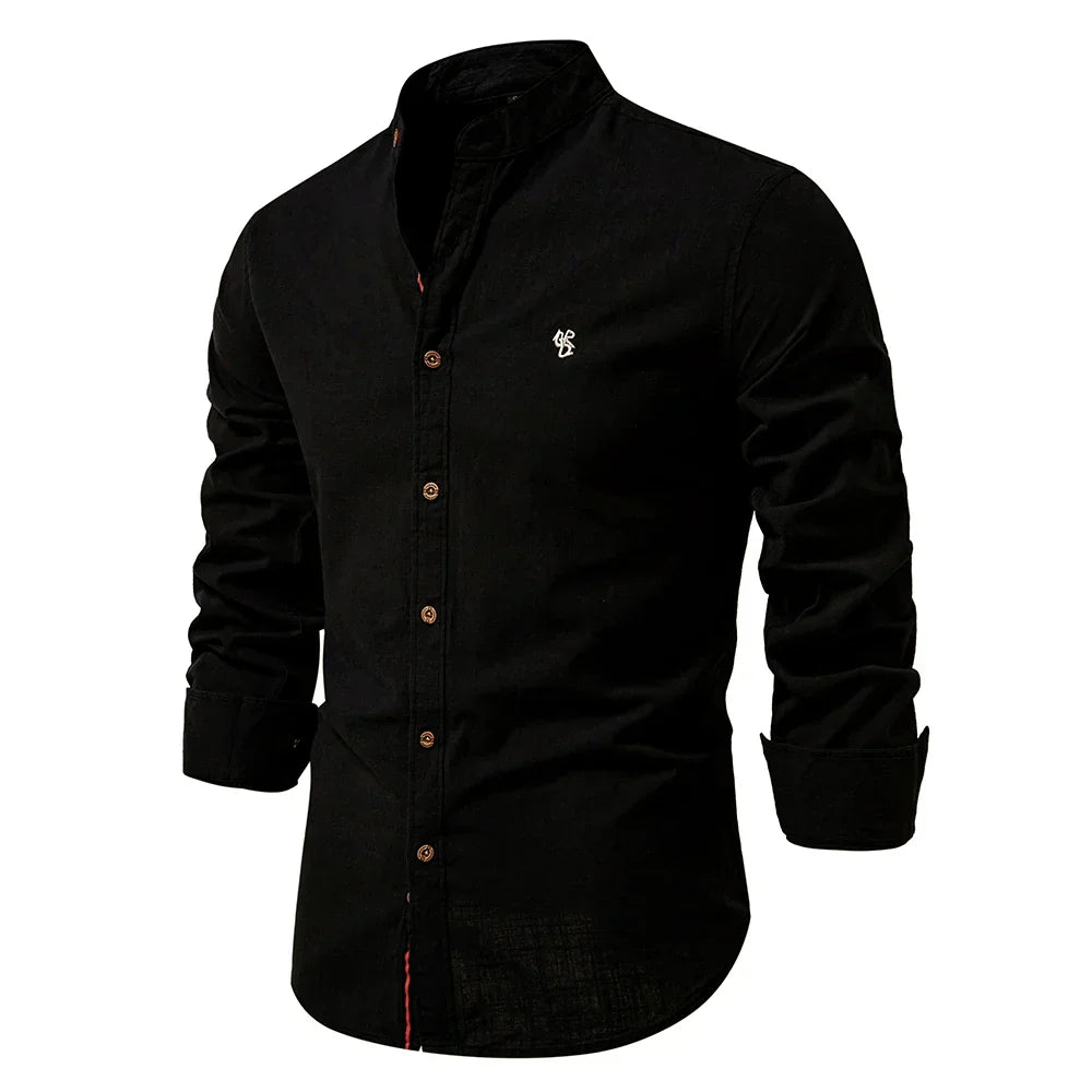 Men's Slim Fit Solid Shirt – Mandarin Collar Long Sleeve Smart Casual