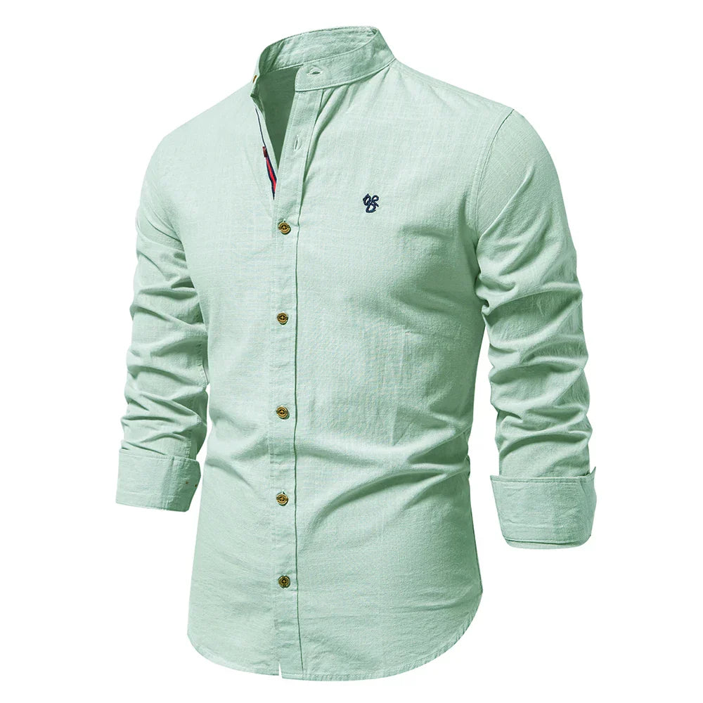 Men's Slim Fit Solid Shirt – Mandarin Collar Long Sleeve Smart Casual