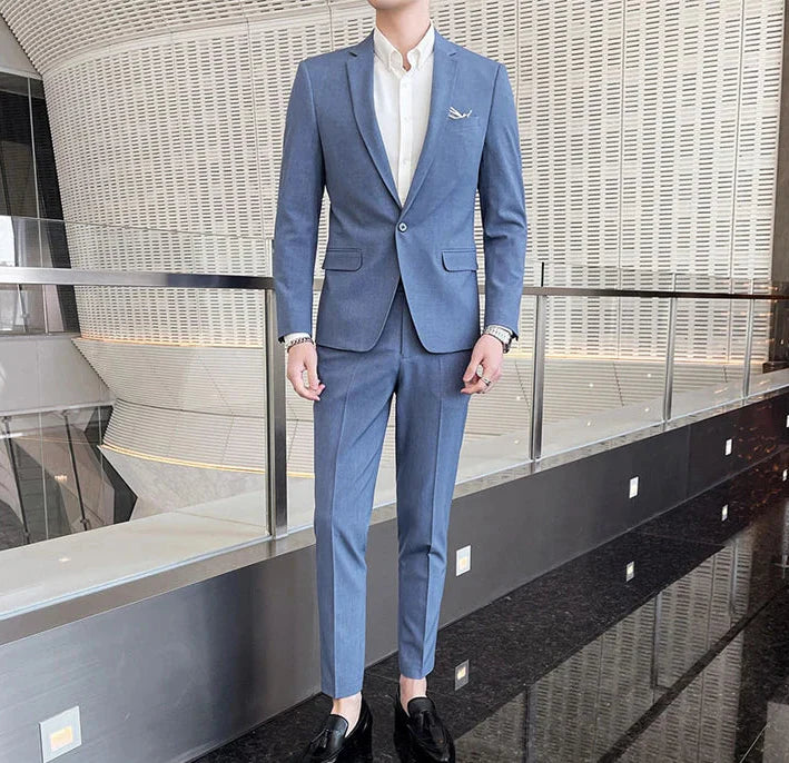 Men's Slim Fit Solid Two-Piece Suit – Notch Lapel Single Breasted Business Formal